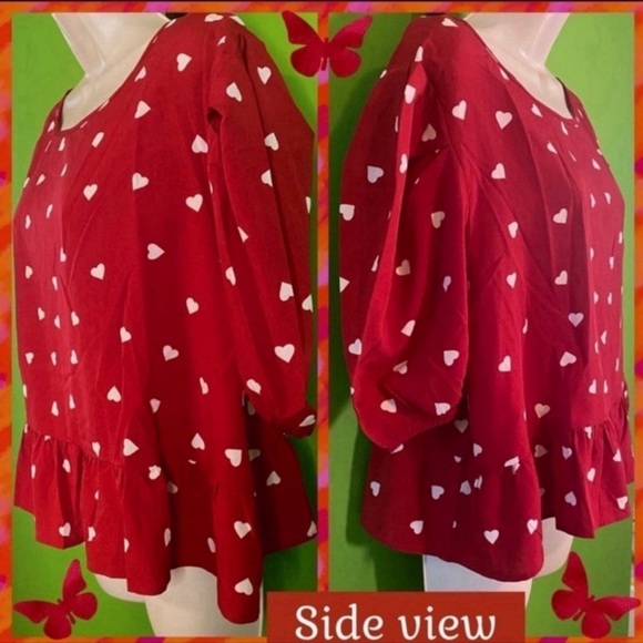 FEMME NWT 4X RED FLIRTY CROP TOP WHITE HEARTS PEPLUM HEM&PUFF SLEEVE - Picture 2 of 12